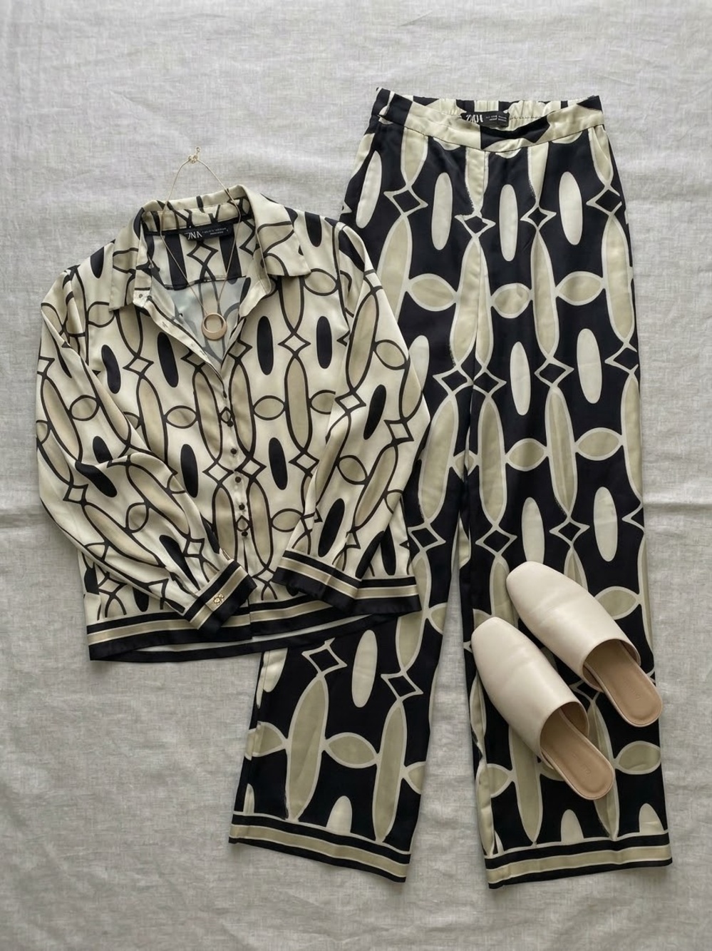 ZARA Matching Set Blouse & Pants Geometric Print Satin Coordinates SIZE S/M
